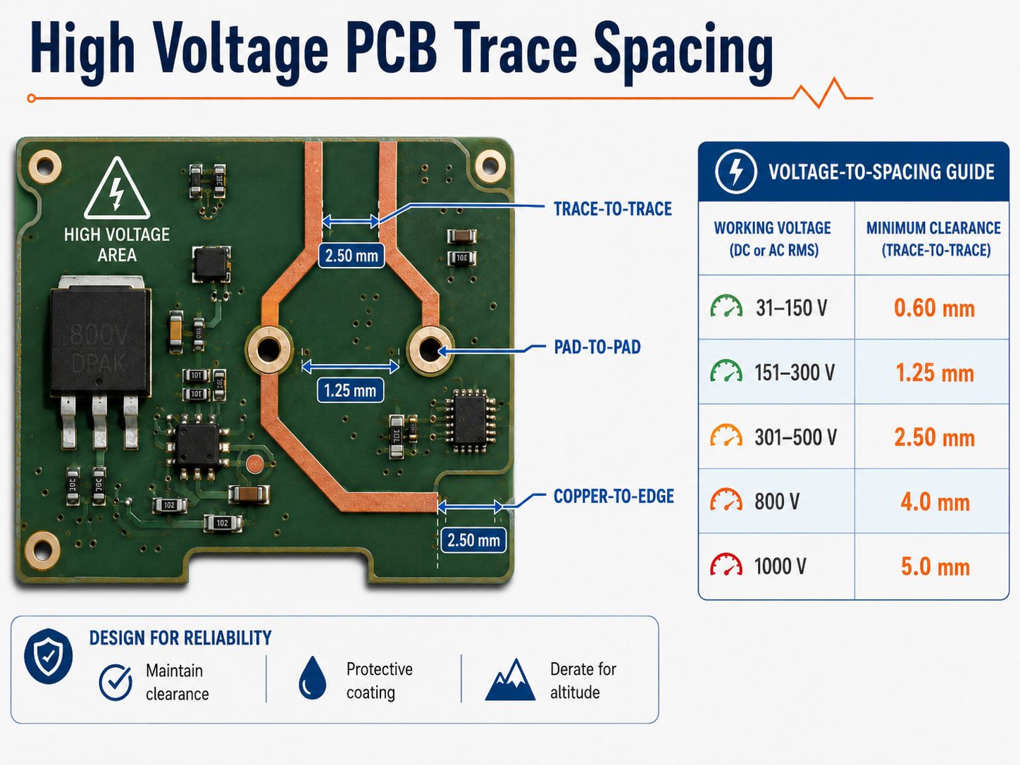 High voltage PCB trace spacing infographic with voltage-to-spacing guide
