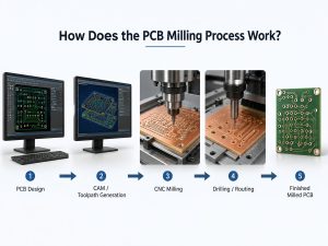 PCB milling process from design files and CAM toolpath to CNC milling drilling routing and finished PCB