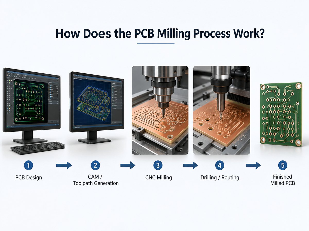 PCB milling process from design files and CAM toolpath to CNC milling drilling routing and finished PCB