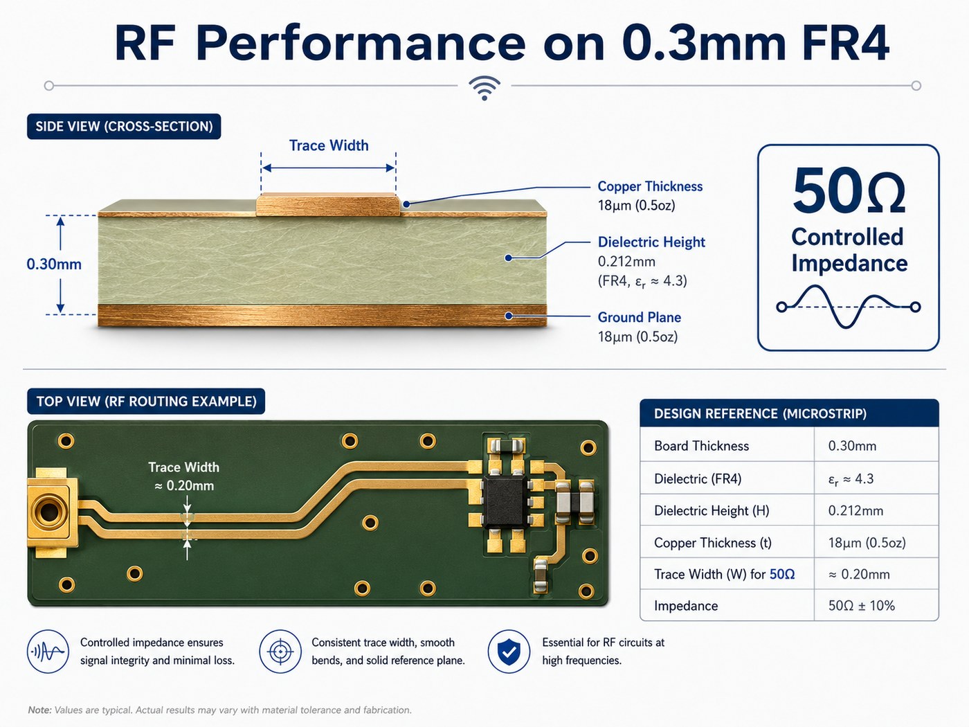 RF performance and 50 ohm controlled impedance on 0.3mm FR4 PCB