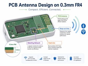PCB antenna design on 0.3mm FR4 with keep-out area matching network and feed line