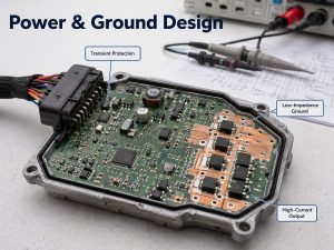 Automotive ECU PCB power input, grounding and high-current output layout