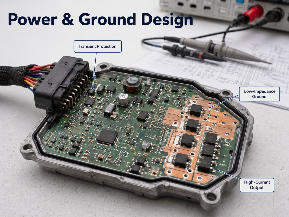 Automotive ECU PCB power input, grounding and high-current output layout