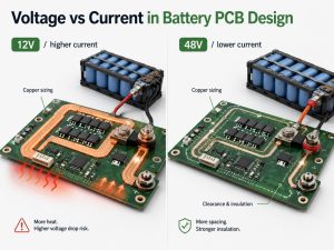 Battery PCB design comparison showing higher current at 12V and greater spacing and insulation emphasis at 48V