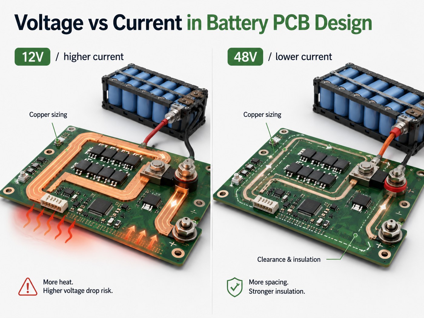 Battery PCB design comparison showing higher current at 12V and greater spacing and insulation emphasis at 48V