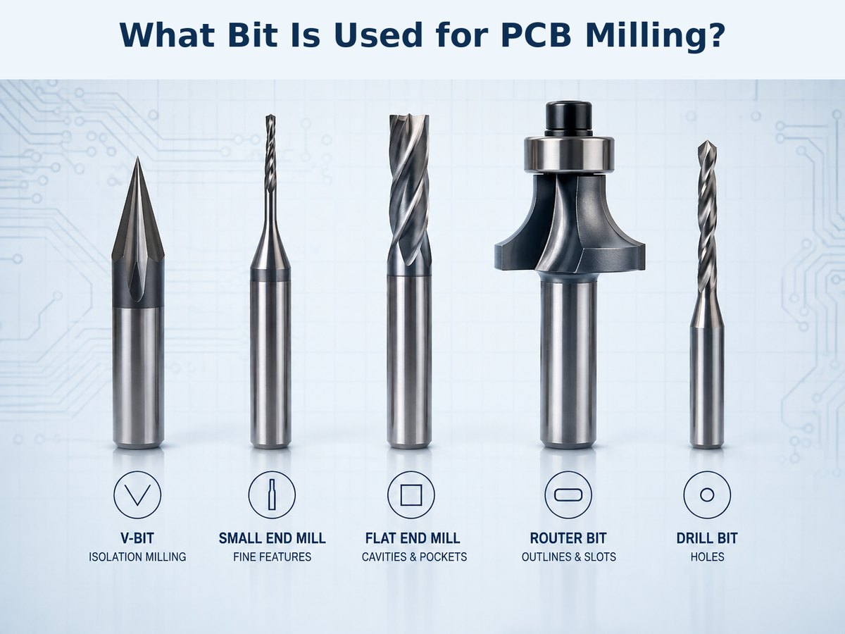 What bit is used for PCB milling including V-bit small end mill flat end mill router bit and drill bit