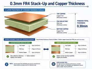 0.3mm FR4 PCB stack-up showing top copper dielectric and bottom copper thickness budget