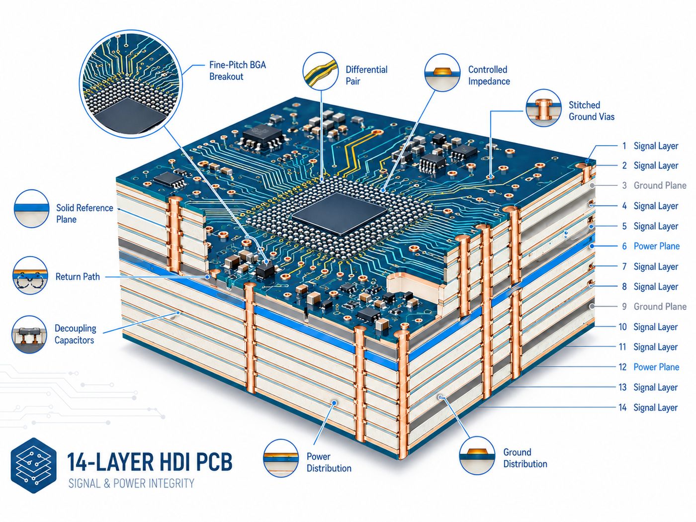 14-layer HDI PCB signal and power integrity illustration with fine-pitch BGA breakout, differential pairs, reference planes and stitching vias