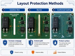 High voltage PCB layout protection methods using isolation slots, barriers, and conformal coating