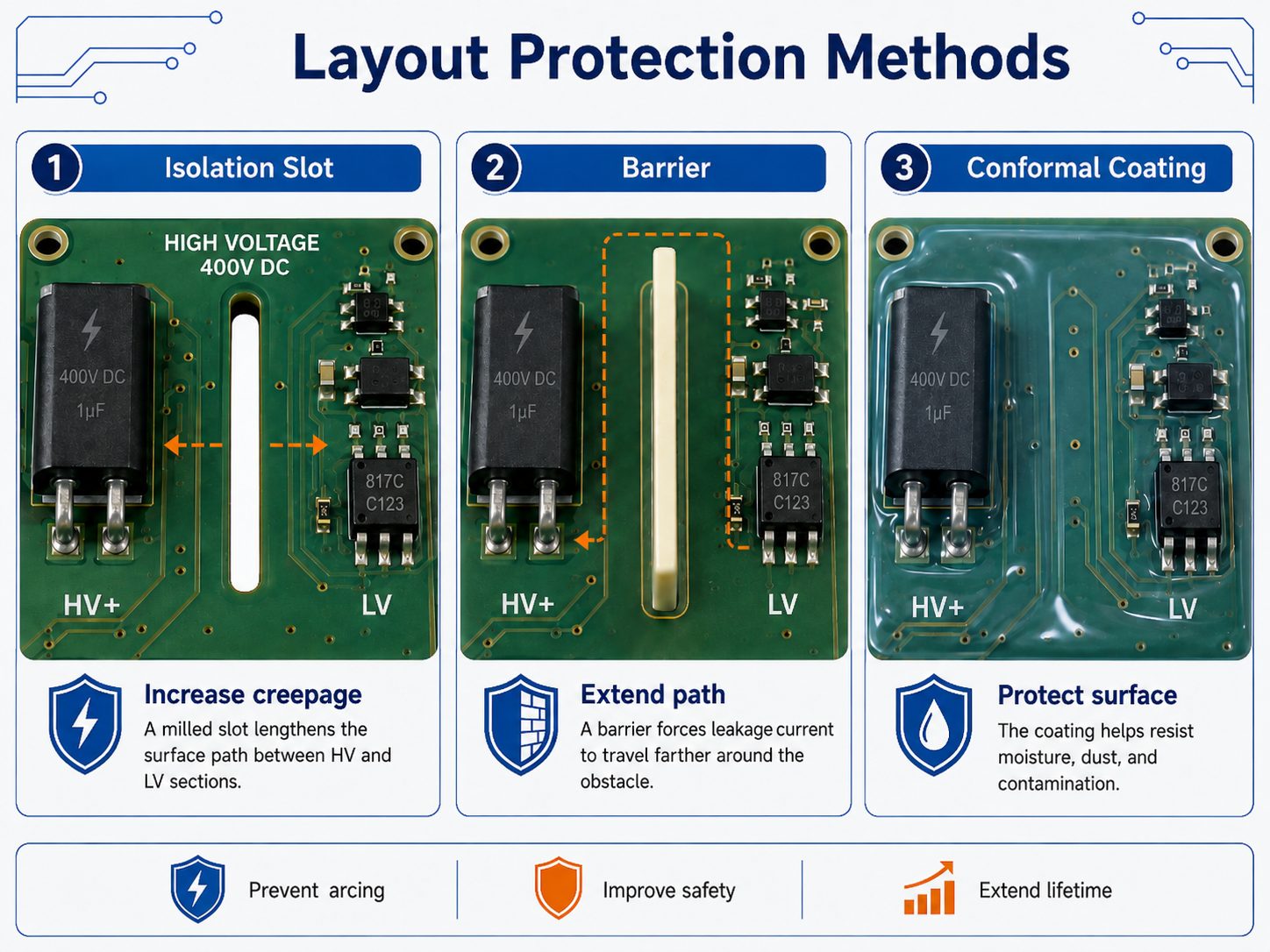 High voltage PCB layout protection methods using isolation slots, barriers, and conformal coating