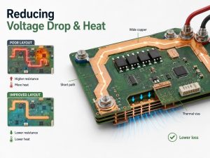 Battery PCB layout comparison showing how wide copper, short current paths, and thermal vias reduce voltage drop and heat