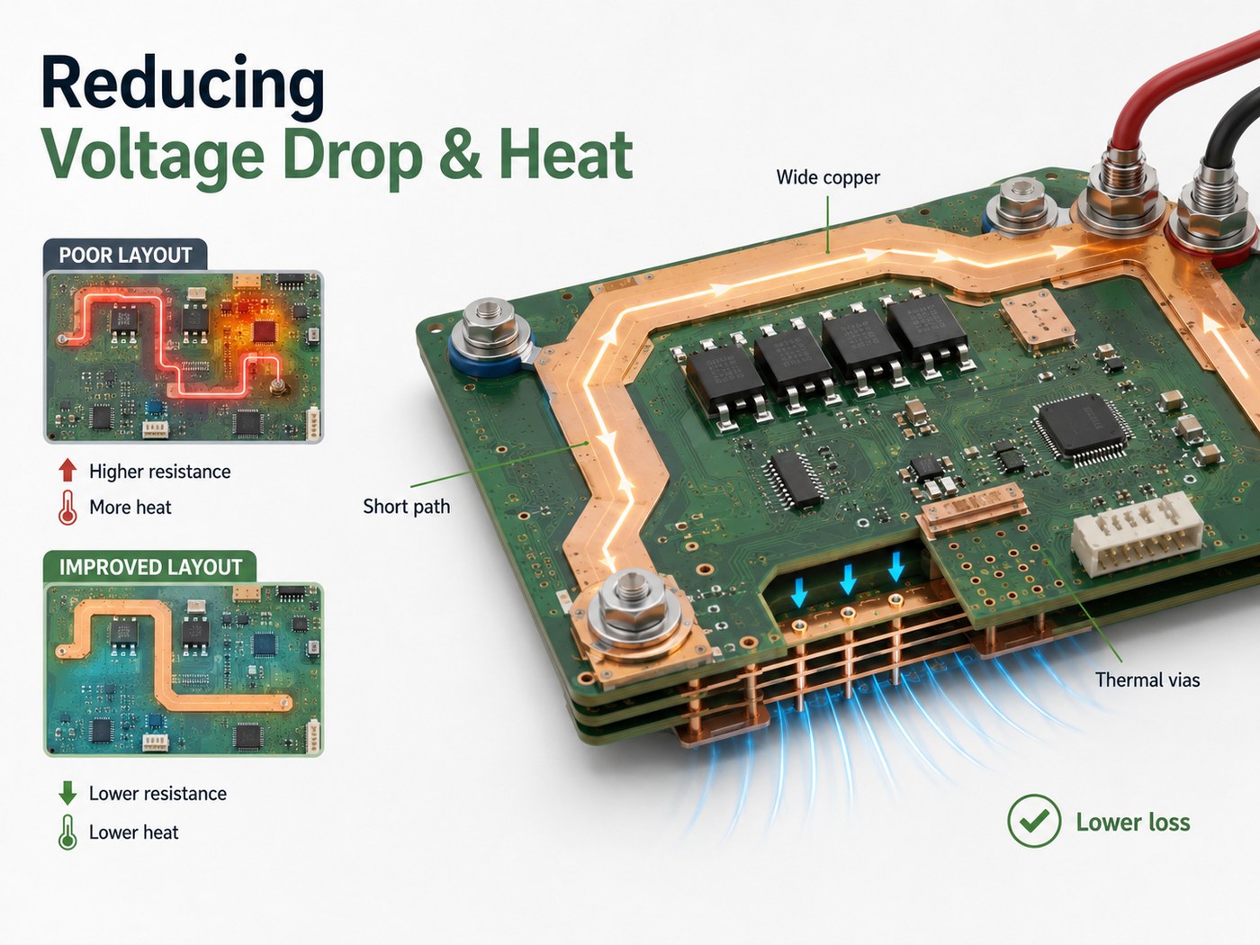 Battery PCB layout comparison showing how wide copper, short current paths, and thermal vias reduce voltage drop and heat