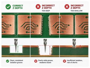Correct and incorrect Z-axis depth in PCB milling showing isolation width and milling depth effects