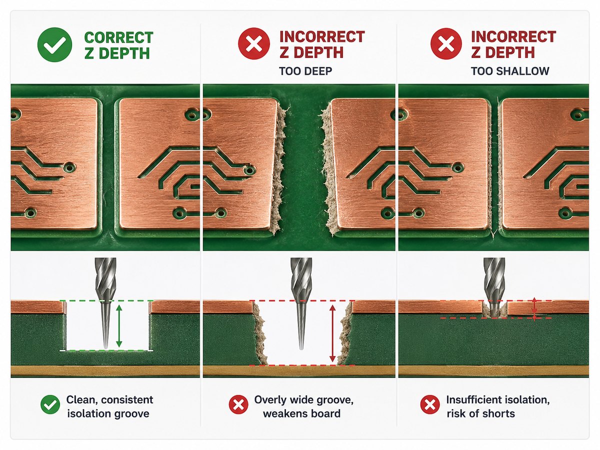 Correct and incorrect Z-axis depth in PCB milling showing isolation width and milling depth effects