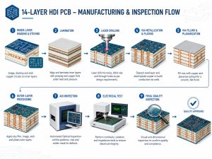 14-layer HDI PCB manufacturing and inspection flow from inner-layer imaging through laser drilling, plating, AOI and electrical test