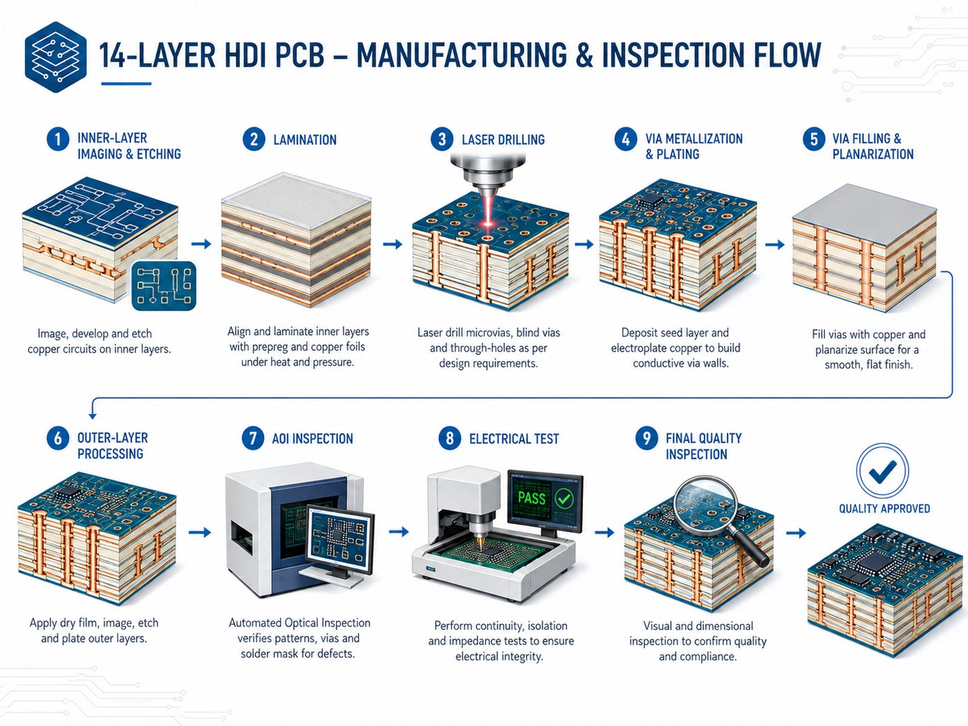 14-layer HDI PCB manufacturing and inspection flow from inner-layer imaging through laser drilling, plating, AOI and electrical test