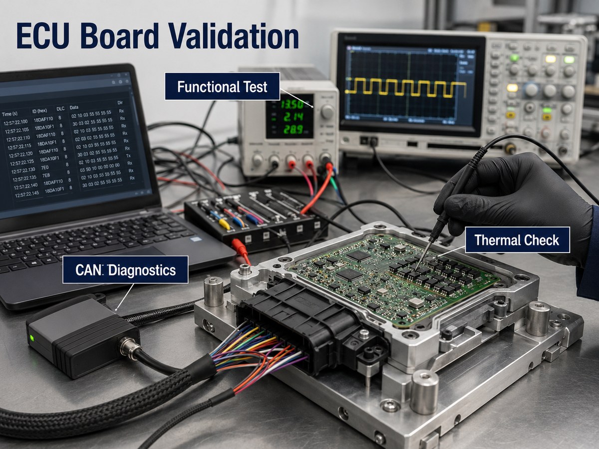 Automotive ECU board functional, thermal and CAN diagnostic validation