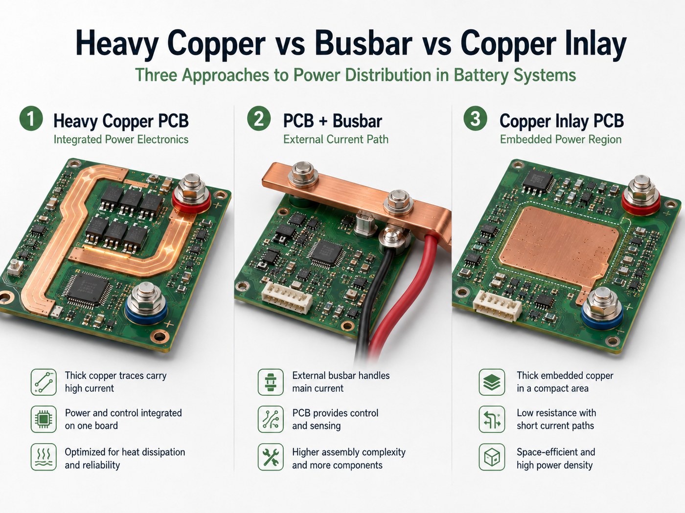 Comparison of heavy copper PCB, PCB plus busbar, and copper inlay PCB for battery systems