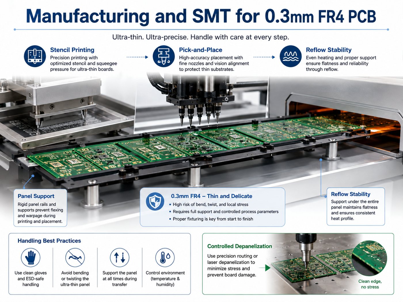 Manufacturing and SMT assembly process for 0.3mm FR4 PCB with panel support stencil printing reflow and depanelization