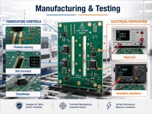 High voltage PCB manufacturing controls and electrical verification including hipot and insulation resistance testing