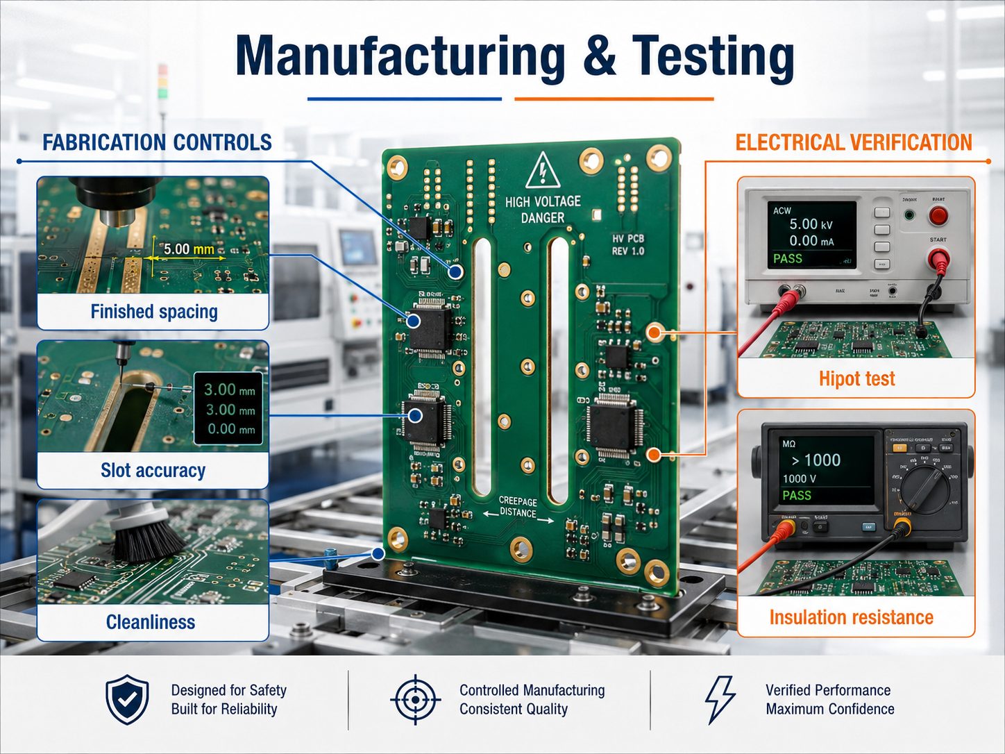 High voltage PCB manufacturing controls and electrical verification including hipot and insulation resistance testing