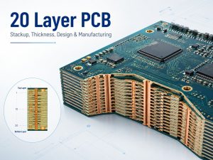 20 layer PCB showing multilayer stackup, copper layers and plated vias