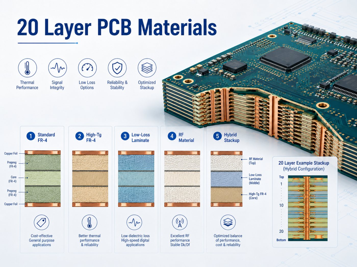 20 layer PCB materials including FR-4 high Tg low loss RF and hybrid laminates