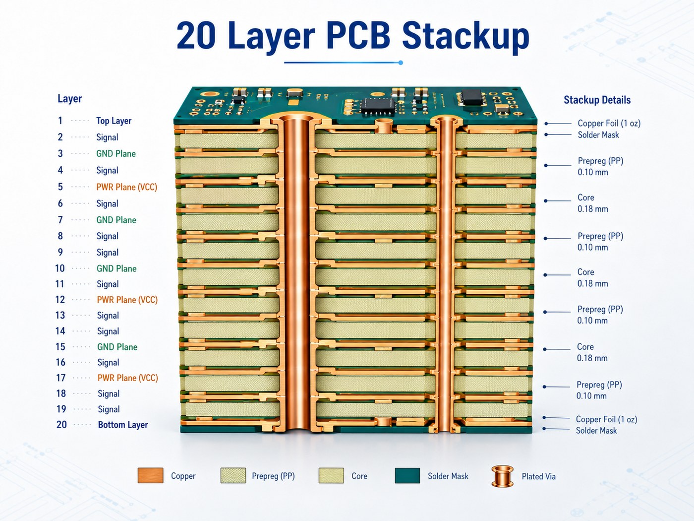 20 layer PCB stackup example with signal ground and power layers