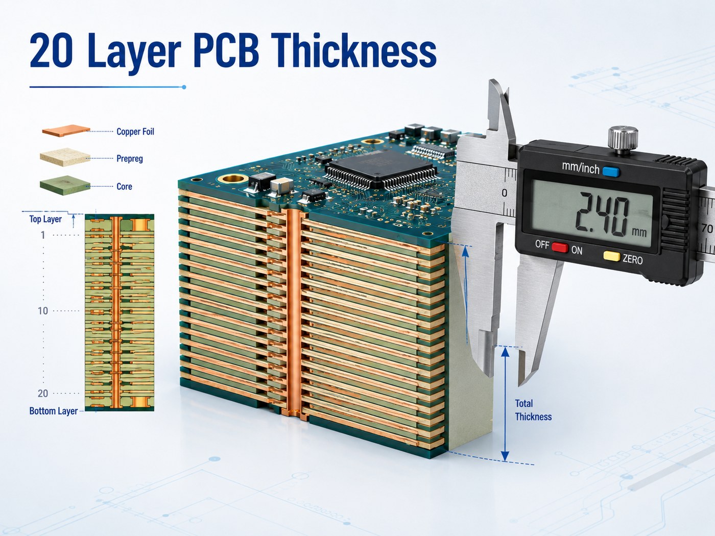 20 layer PCB thickness measured across copper core and prepreg layers