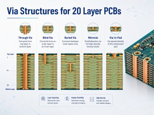 Through blind buried microvia and via in pad structures for a 20 layer PCB