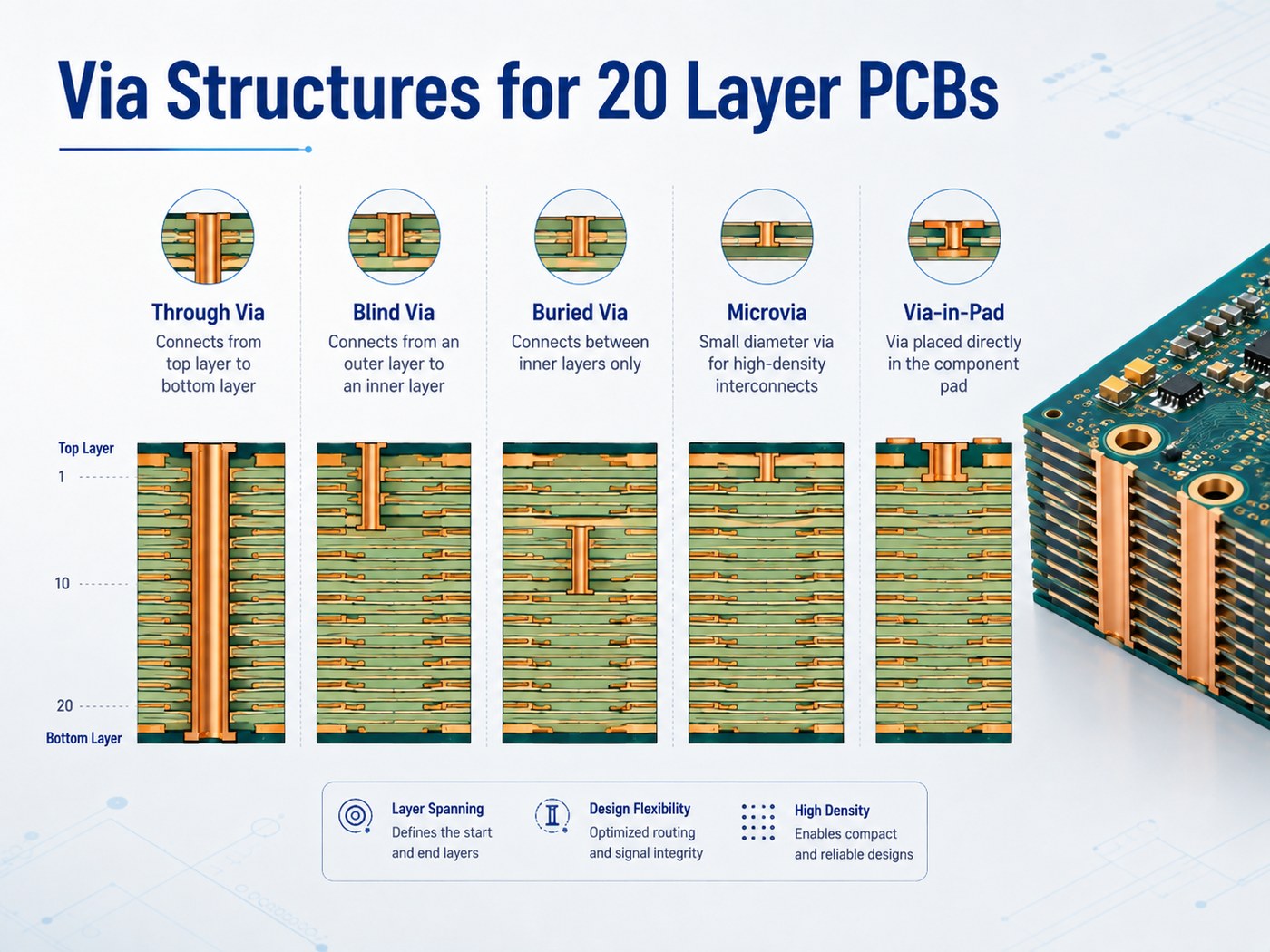 Through blind buried microvia and via in pad structures for a 20 layer PCB