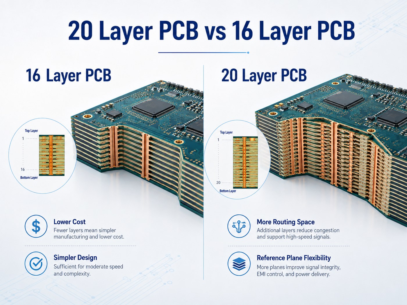 Comparison of 20 layer PCB and 16 layer PCB routing and stackup complexity