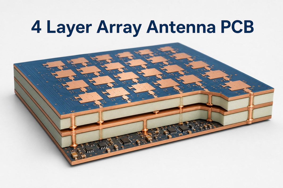 3D cutaway of a 4 layer array antenna PCB with antenna patches and four visible copper layers