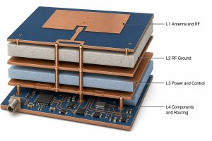 Exploded four-layer antenna PCB stackup with RF ground, power control and component layers