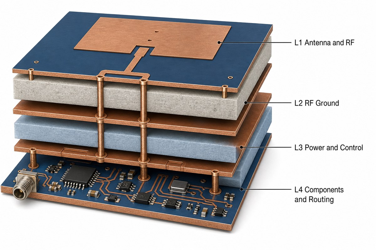 Exploded four-layer antenna PCB stackup with RF ground, power control and component layers