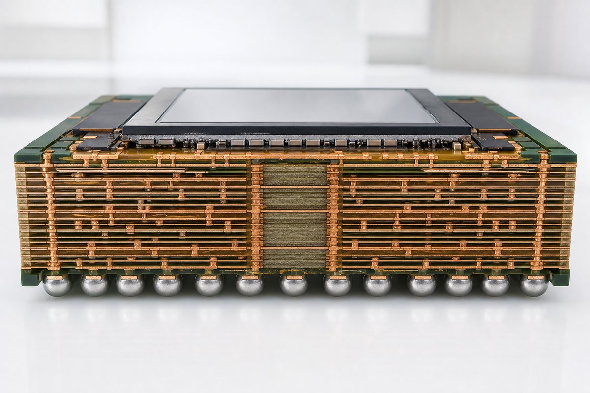 Macro cross-section of a multilayer ABF package substrate beneath an AI processor