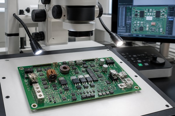 ai robot power PCB, assembled high-current board under optical inspection