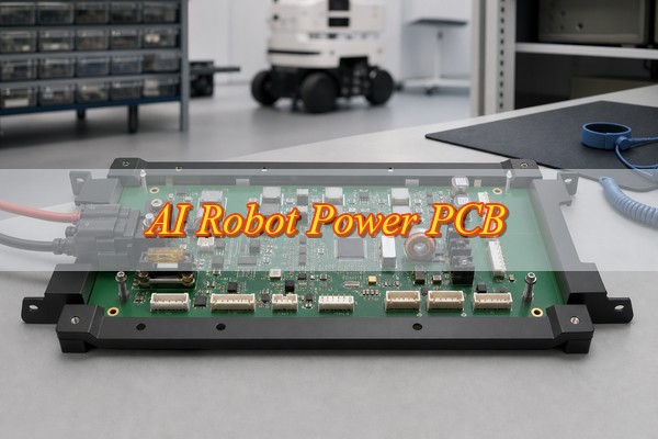 ai robot power PCB, protected multi-rail power distribution board in a robotics laboratory