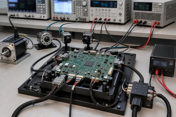 ai robot testing PCB, functional test fixture connected to representative robot motors and sensor interfaces