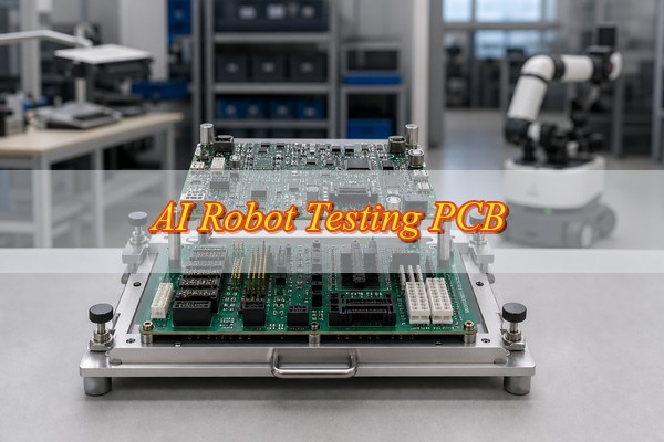 ai robot testing PCB, custom test interface board and robot controller fixture in an electronics laboratory