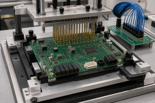 ai robot testing PCB, pogo-pin fixture contacting designated robot controller test pads