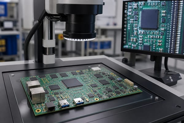 AI robotics PCB manufacturing, microscope inspection of a fine-pitch robot controller PCBA
