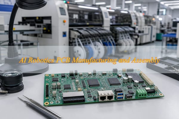AI robotics PCB manufacturing, assembled robot controller PCB on an electronics production workbench