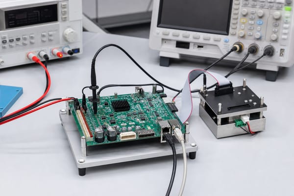 AI robotics PCB manufacturing, functional test fixture connected to a robot controller PCBA