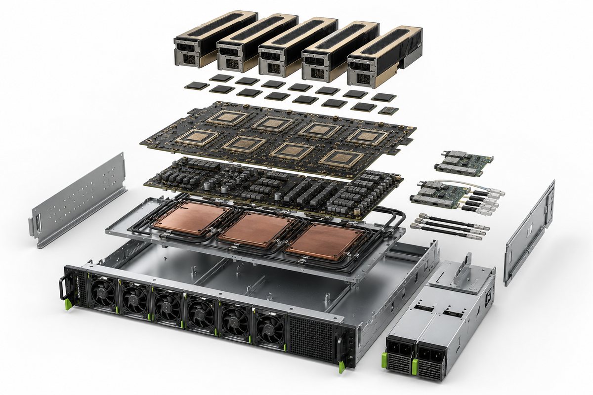 Exploded AI server compute tray showing PCB, memory, power and cooling cost drivers