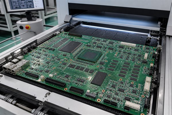 AI Server PCB assembly on an automated inspection conveyor