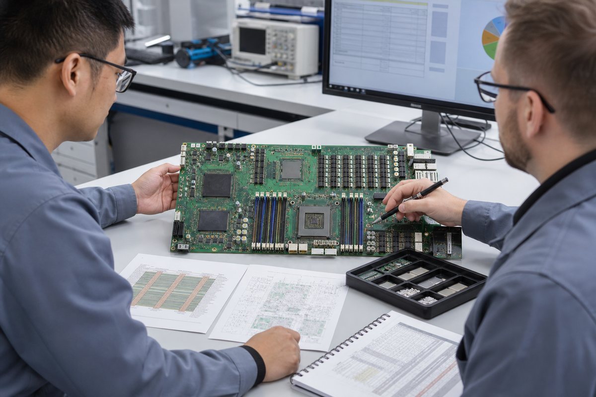 Engineers reviewing an AI server PCB, stack-up and component cost data