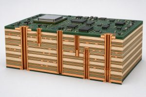 Cutaway of a multilayer AI server PCB stackup with through holes and microvias