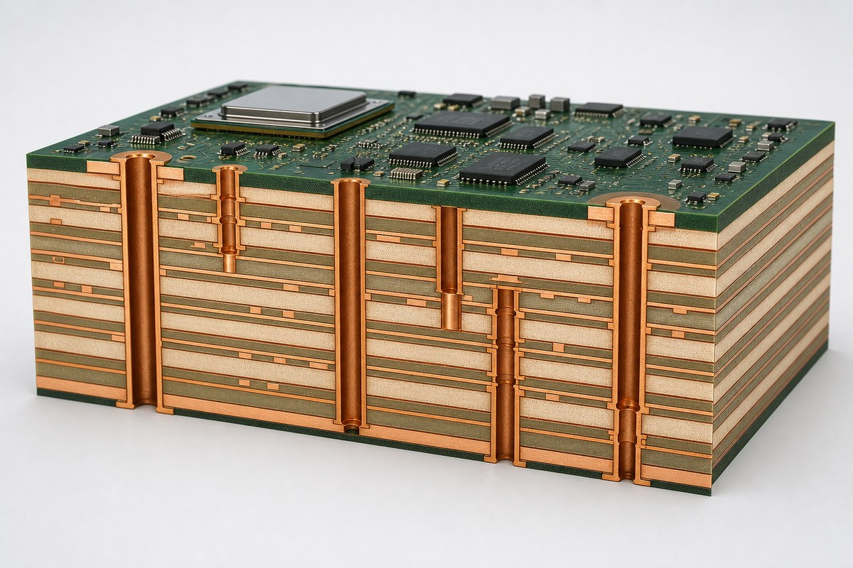 Cutaway of a multilayer AI server PCB stackup with through holes and microvias