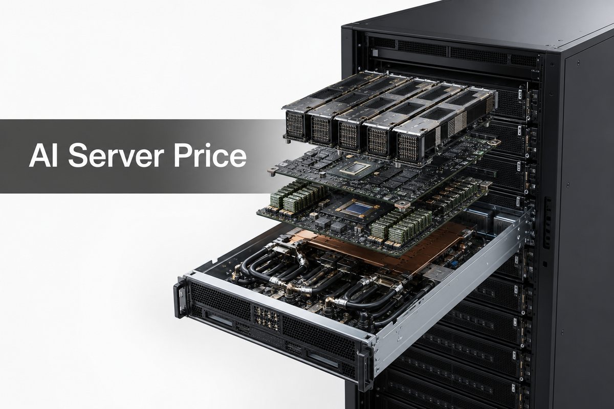 3D AI server rack and compute tray illustrating AI server price drivers
